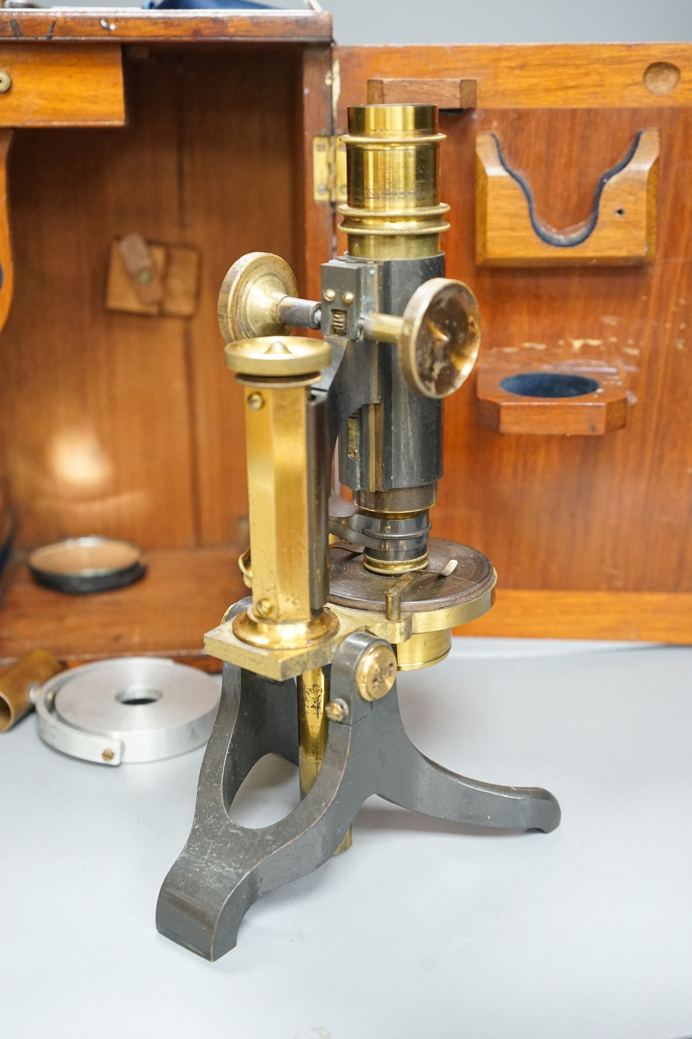 A Victorian microscope, in a mahogany case